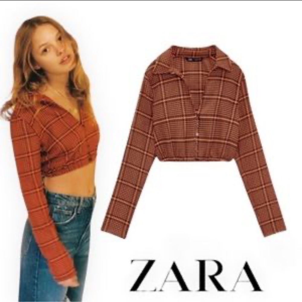 NWOT - ZARA Red/Orange Blue Long Sleeve Button Crop Blouse size small
